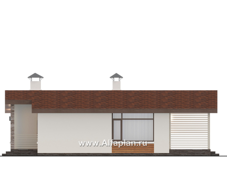 Проекты домов Альфаплан - "Перламутр" - проект одноэтажного дома из газобетона, с террасой, 2 спальни - превью фасада №2