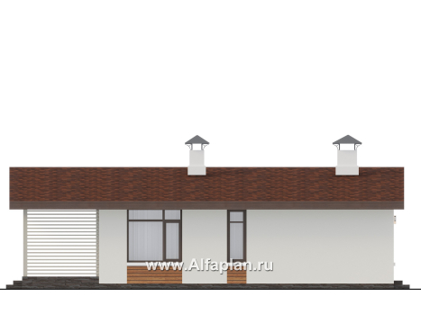 Проекты домов Альфаплан - "Перламутр" - проект одноэтажного дома из газобетона, с террасой, 2 спальни - превью фасада №3