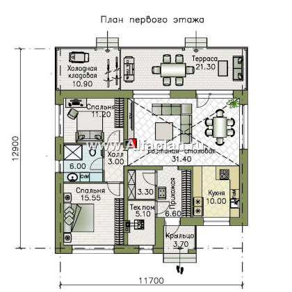 Проекты домов Альфаплан - "Перламутр" - проект одноэтажного дома из газобетона, с террасой, 2 спальни - превью плана проекта №1