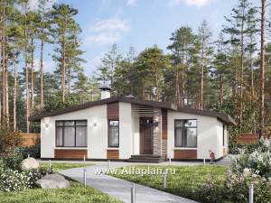 Проекты домов Альфаплан - "Перламутр" - проект одноэтажного дома из газобетона, с террасой, 2 спальни - превью основного изображения