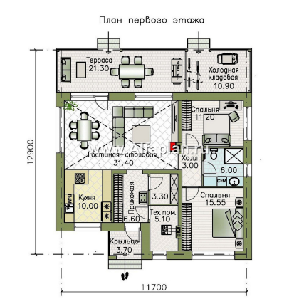 Проекты домов Альфаплан - "Жемчуг" - одноэтажный дом из газобетона с двумя спальнями - превью плана проекта №1