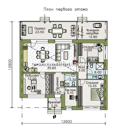 «Отрадное» - проект одноэтажного дома из газобетона, с террасой, 3 спальни - превью план дома