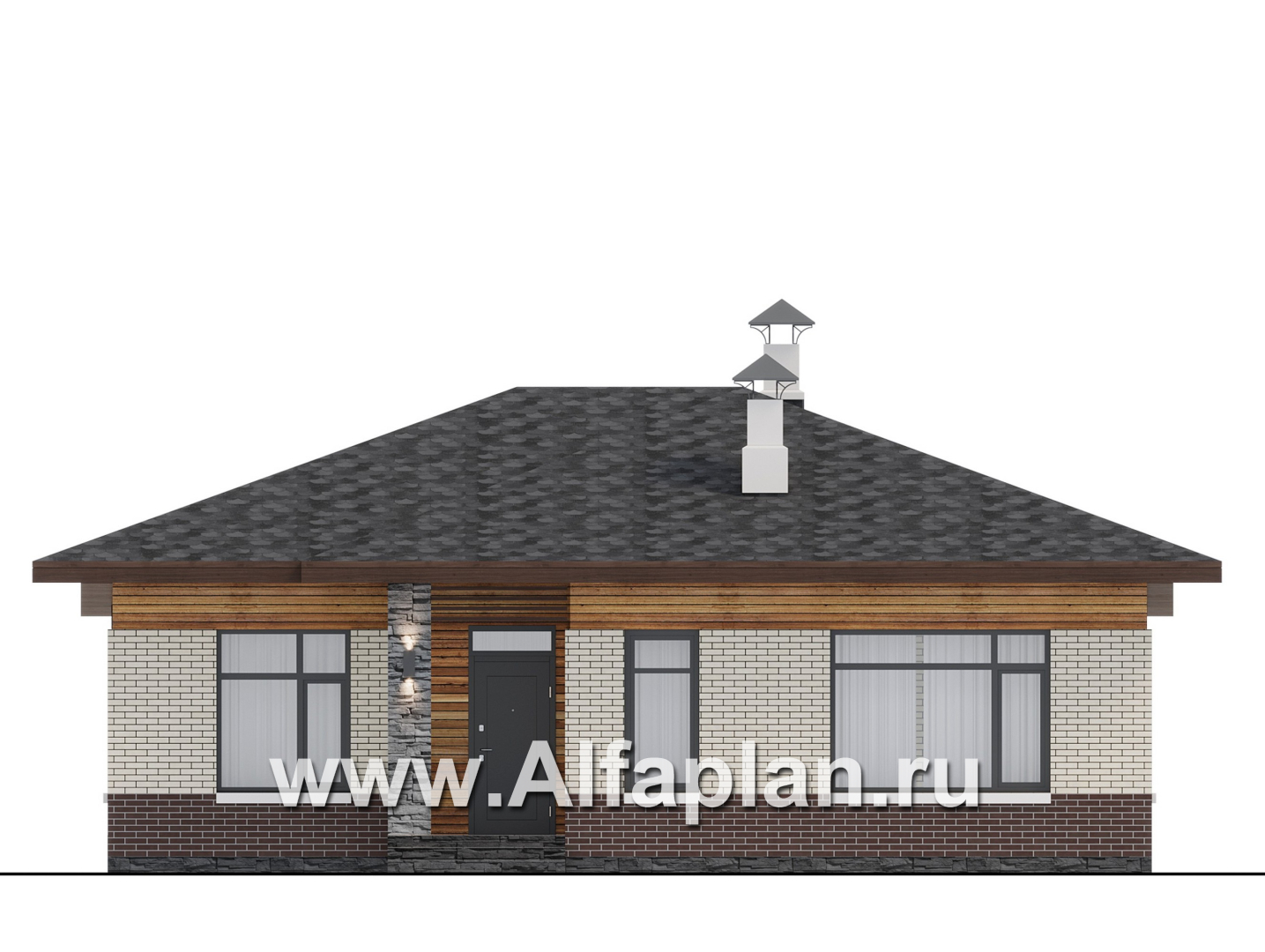 Проекты домов Альфаплан - "Перламутр" - проект одноэтажного дома из газобетона, с террасой, 2 спальни - изображение фасада №1