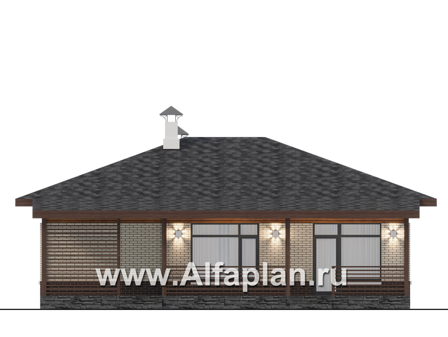 Проекты домов Альфаплан - "Перламутр" - проект одноэтажного дома из газобетона, с террасой, 2 спальни - изображение фасада №4