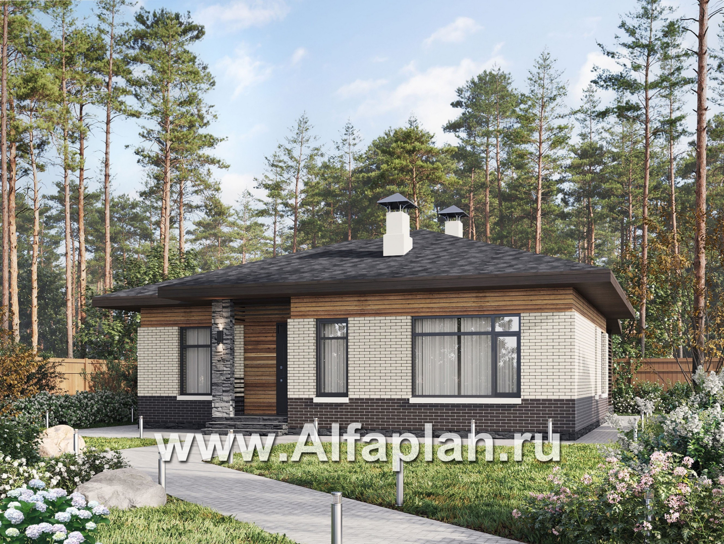 Проекты домов Альфаплан - "Перламутр" - проект одноэтажного дома из газобетона, с террасой, 2 спальни - основное изображение