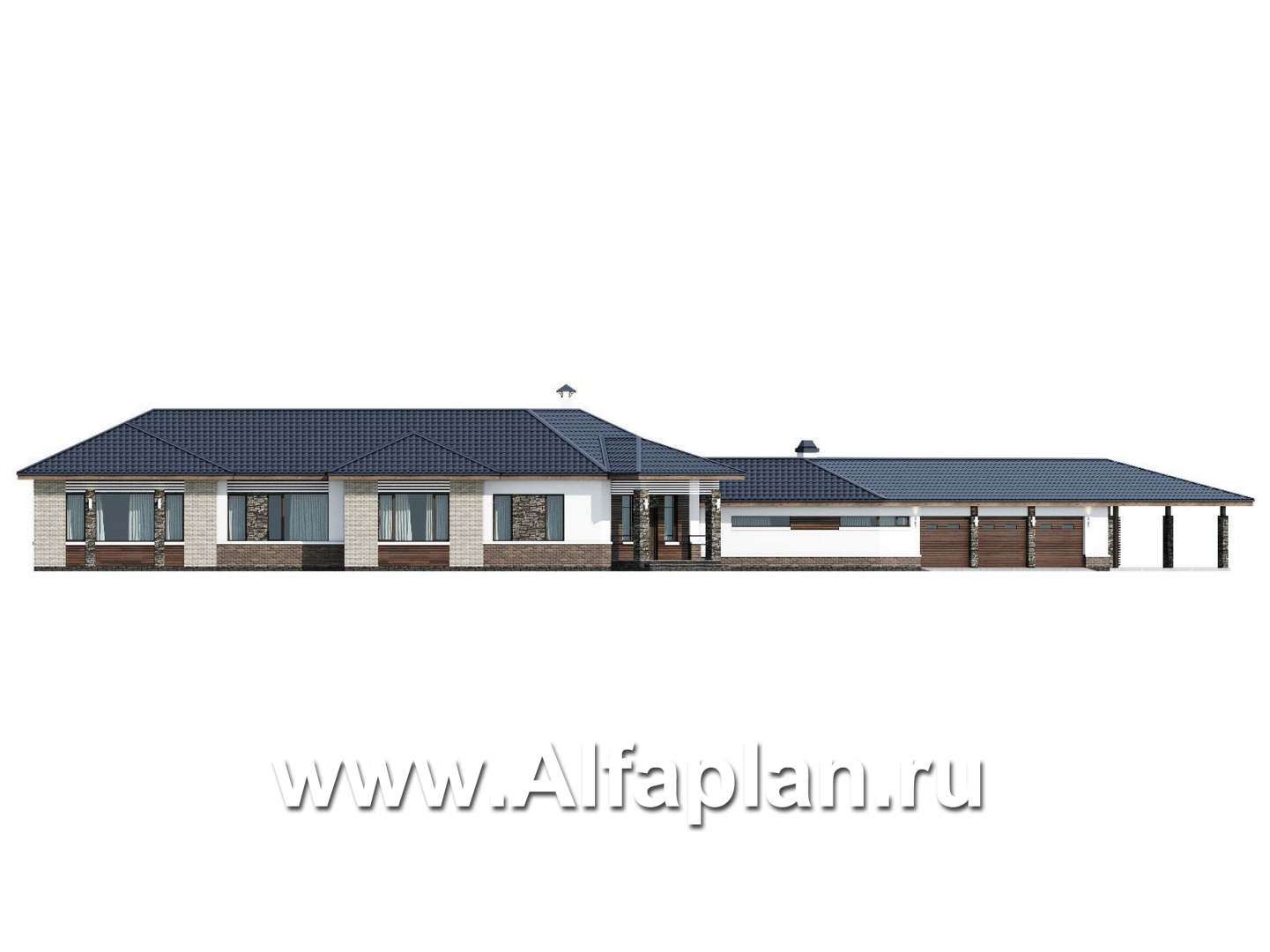 «Полярная звезда« - проект одноэтажного дома из кирпичей, вилла с диагональным планом, с гаражом - фасад дома