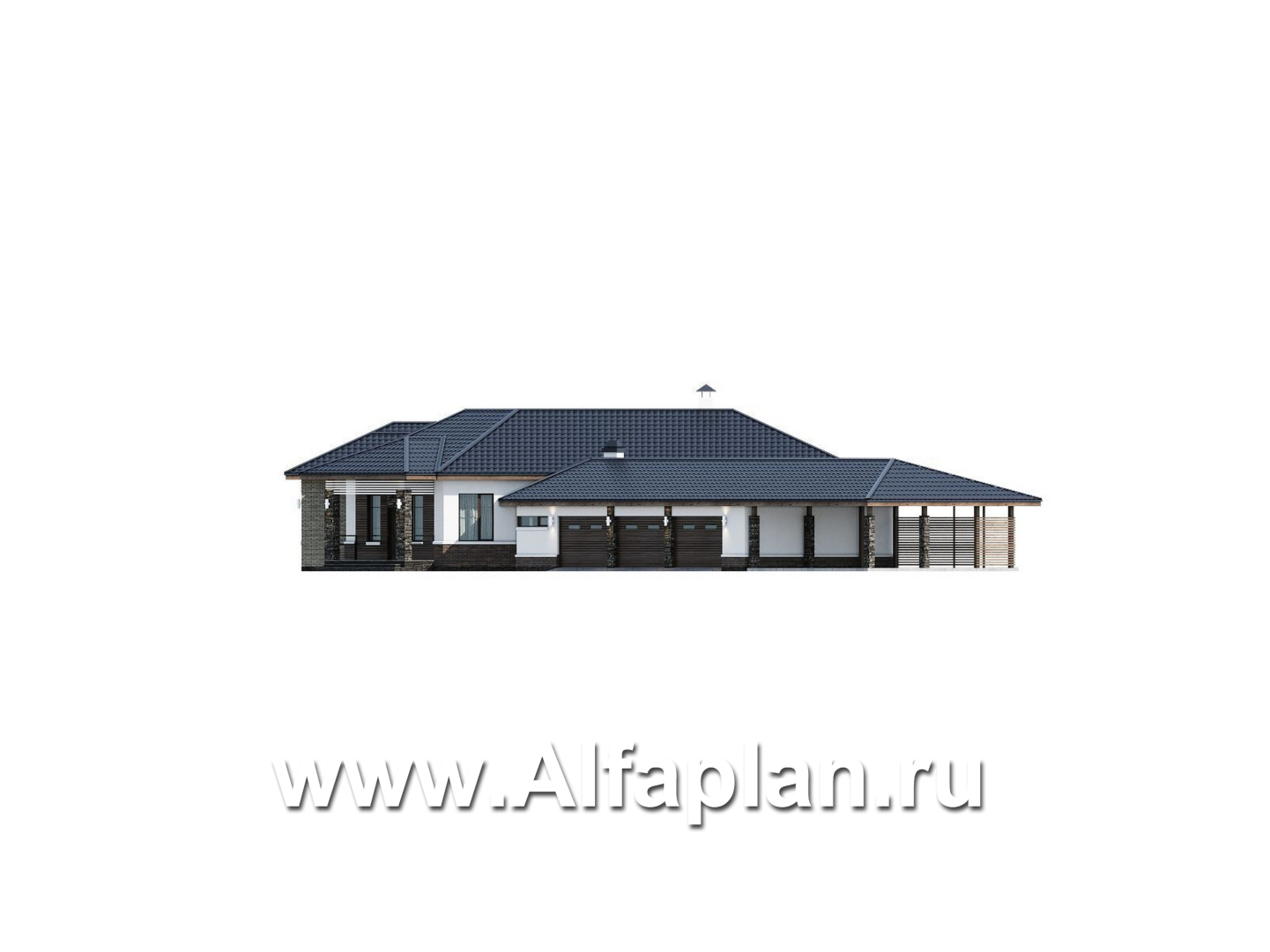 Проекты домов Альфаплан - "Полярная звезда" - проект одноэтажного дома из кирпичей, вилла с диагональным планом, с гаражом - изображение фасада №2