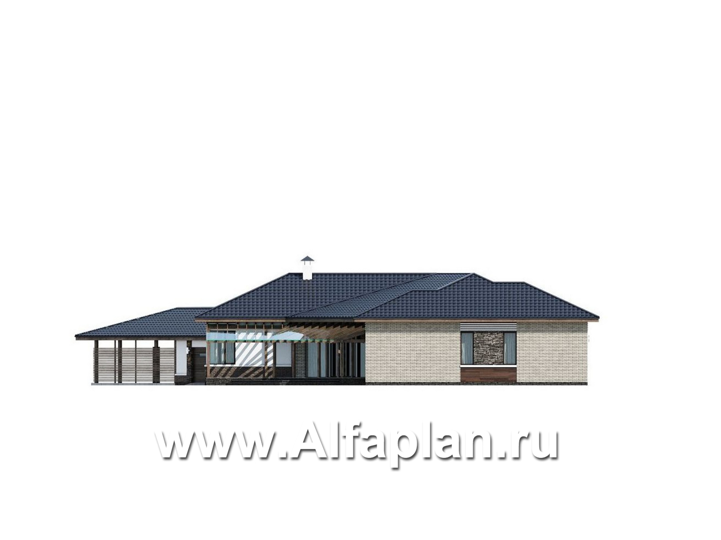 Проекты домов Альфаплан - "Полярная звезда" - проект одноэтажного дома из кирпичей, вилла с диагональным планом, с гаражом - изображение фасада №3