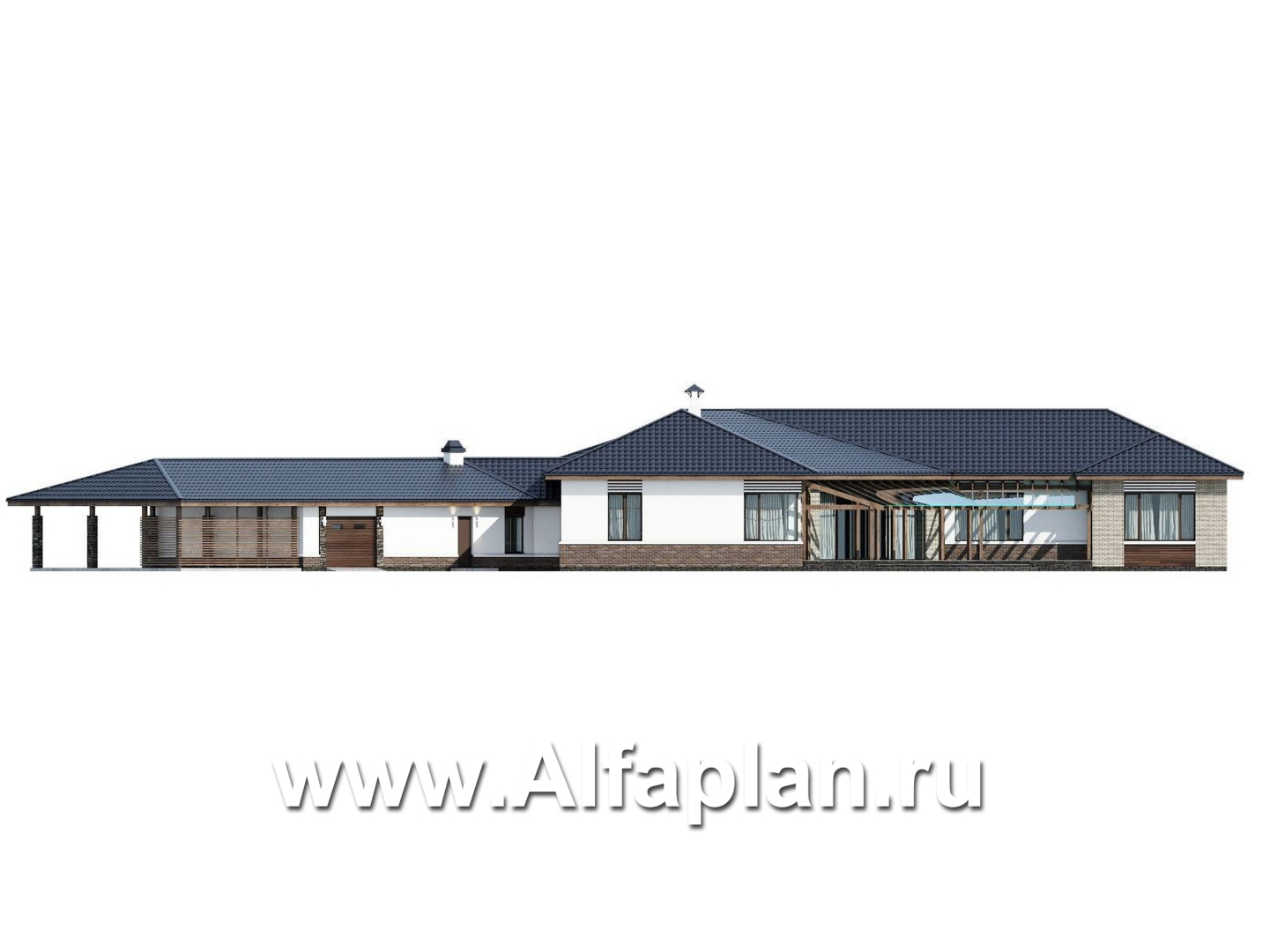 Проекты домов Альфаплан - "Полярная звезда" - проект одноэтажного дома из кирпичей, вилла с диагональным планом, с гаражом - изображение фасада №4