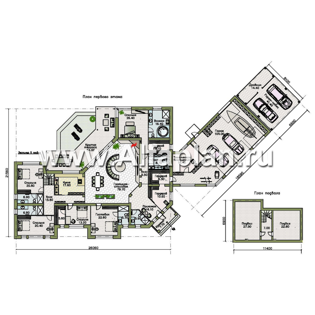 Проекты домов Альфаплан - "Полярная звезда" - проект одноэтажного дома из кирпичей, вилла с диагональным планом, с гаражом - план проекта №1