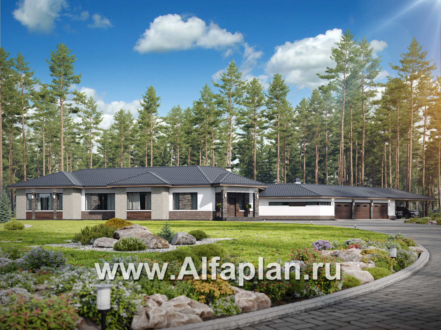 Проекты домов Альфаплан - "Полярная звезда" - проект одноэтажного дома из кирпичей, вилла с диагональным планом, с гаражом - основное изображение