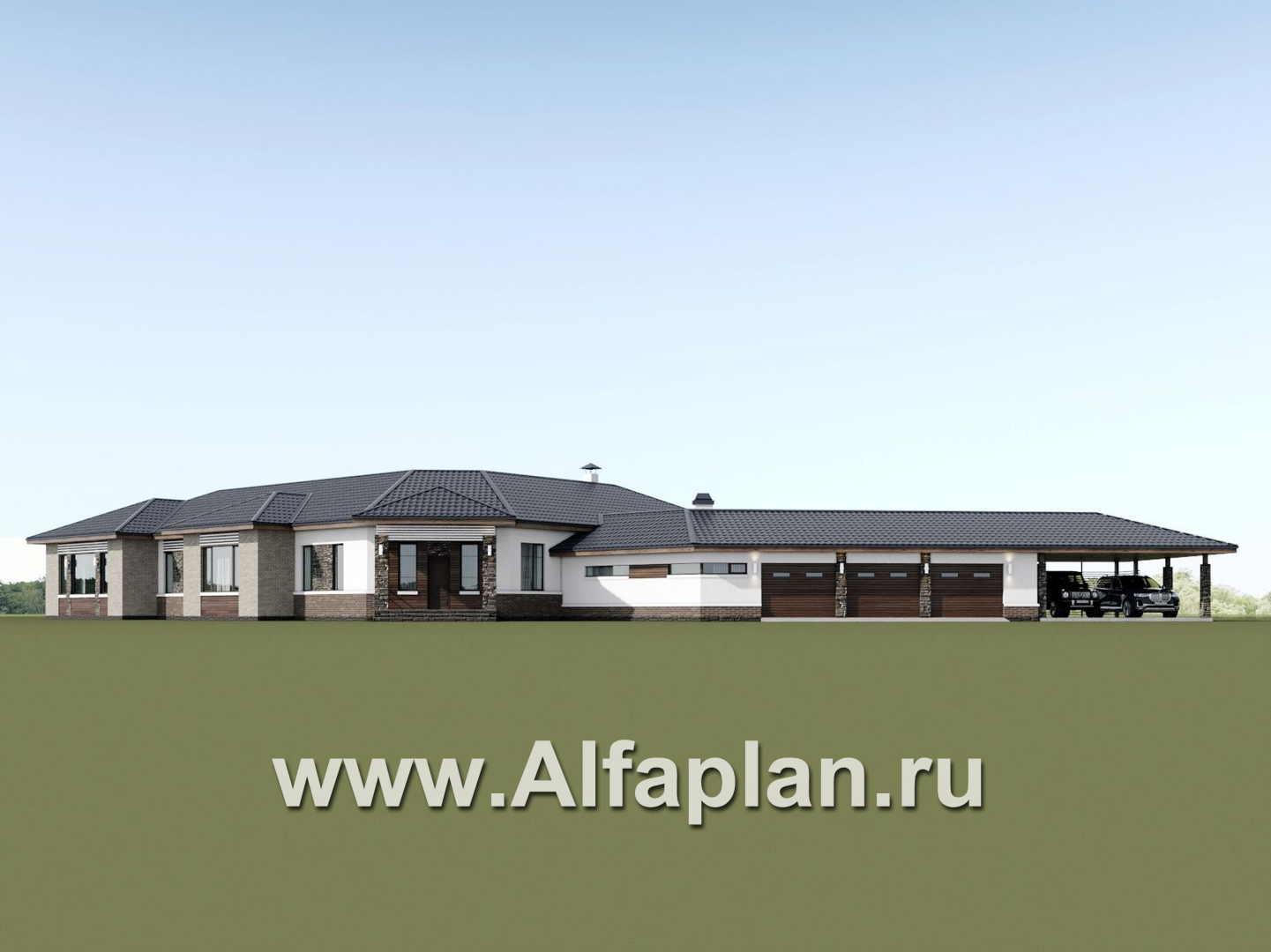 Проекты домов Альфаплан - "Полярная звезда" - проект одноэтажного дома из кирпичей, вилла с диагональным планом, с гаражом - дополнительное изображение №2