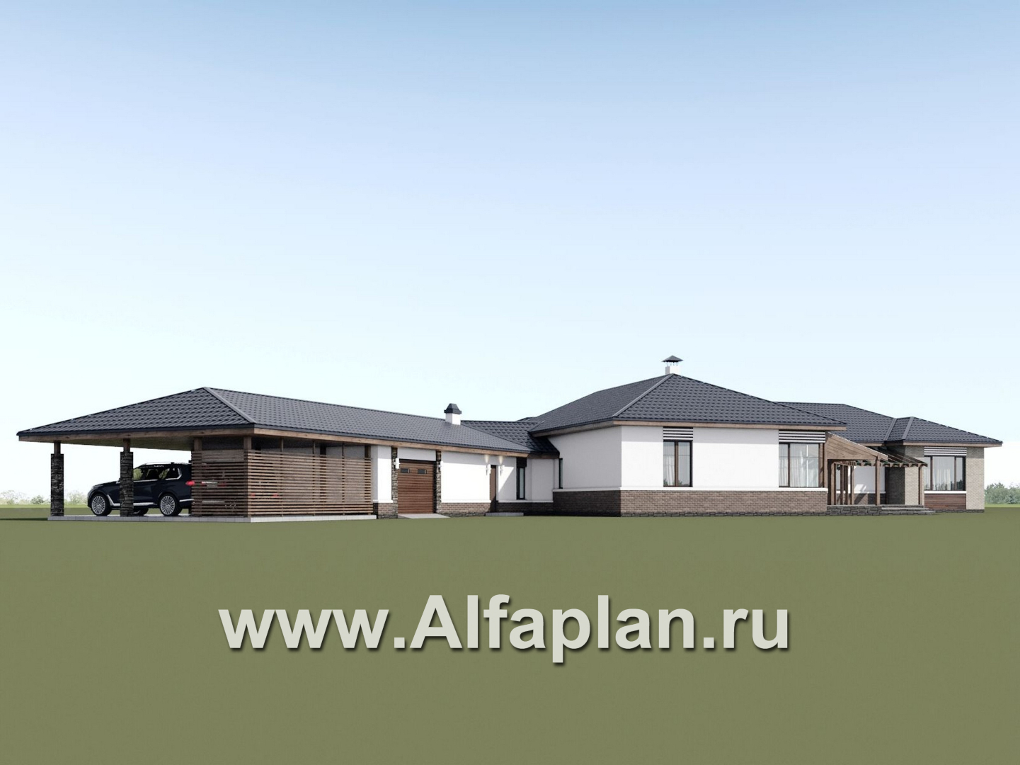 Проекты домов Альфаплан - "Полярная звезда" - проект одноэтажного дома из кирпичей, вилла с диагональным планом, с гаражом - дополнительное изображение №3