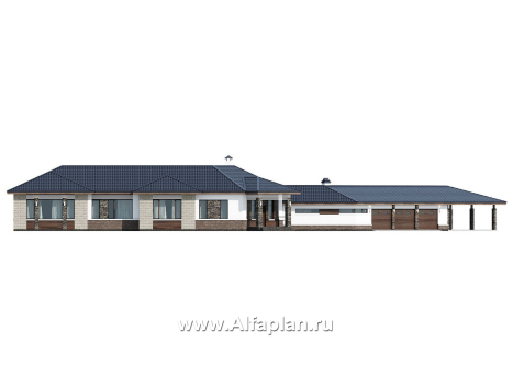 Проекты домов Альфаплан - "Полярная звезда" - проект одноэтажного дома из кирпичей, вилла с диагональным планом, с гаражом - превью фасада №1