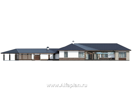 Проекты домов Альфаплан - "Полярная звезда" - проект одноэтажного дома из кирпичей, вилла с диагональным планом, с гаражом - превью фасада №4