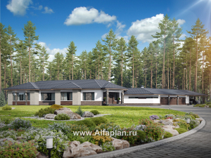 Проекты домов Альфаплан - "Полярная звезда" - проект одноэтажного дома из кирпичей, вилла с диагональным планом, с гаражом - превью основного изображения