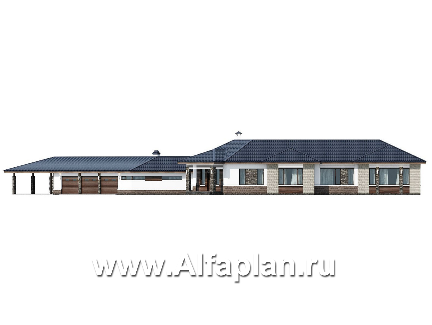 Проекты домов Альфаплан - "Полярная звезда" - роскошный одноэтажный особняк из кирпичей - изображение фасада №1