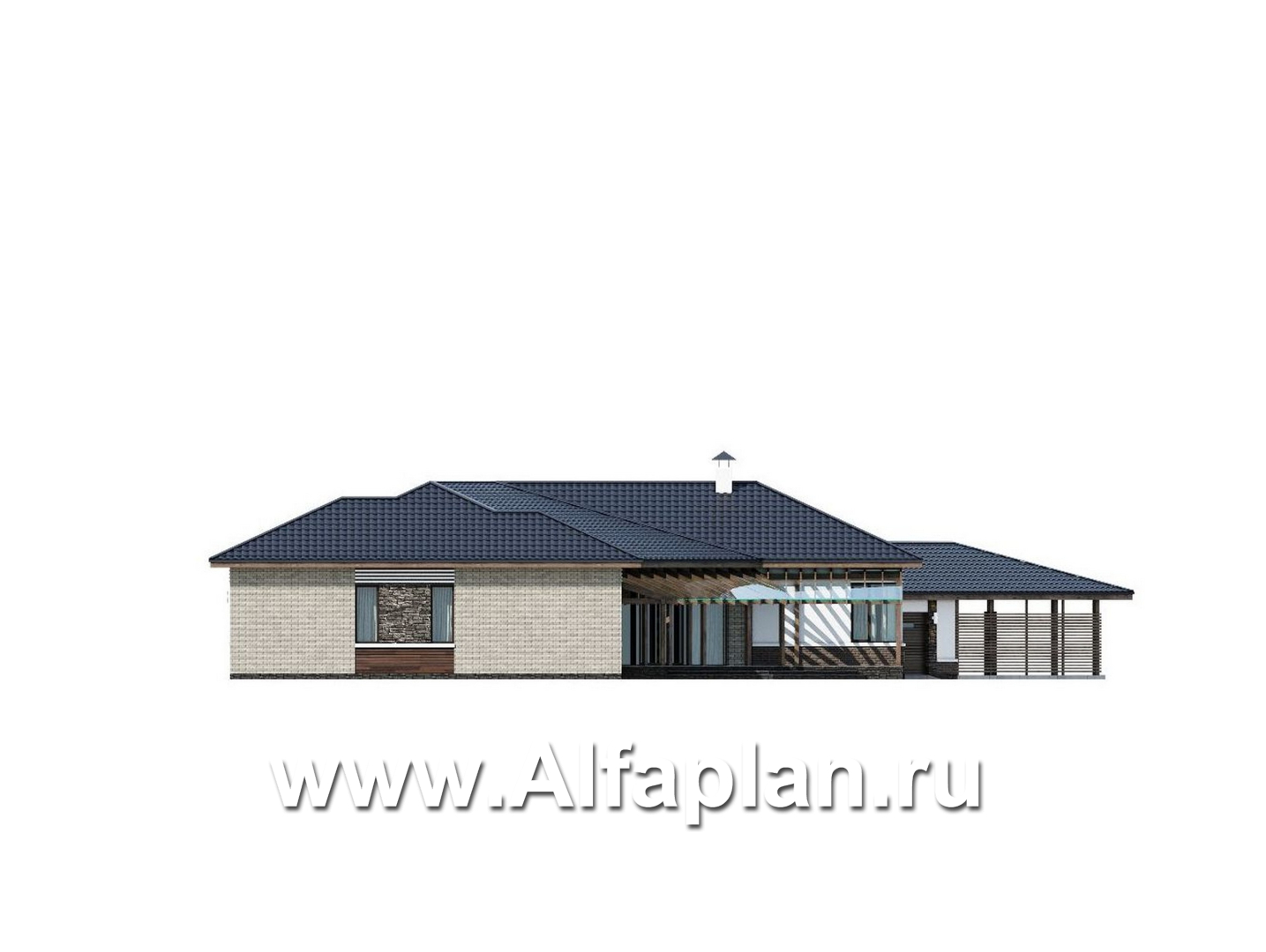 Проекты домов Альфаплан - "Полярная звезда" - роскошный одноэтажный особняк из кирпичей - изображение фасада №2