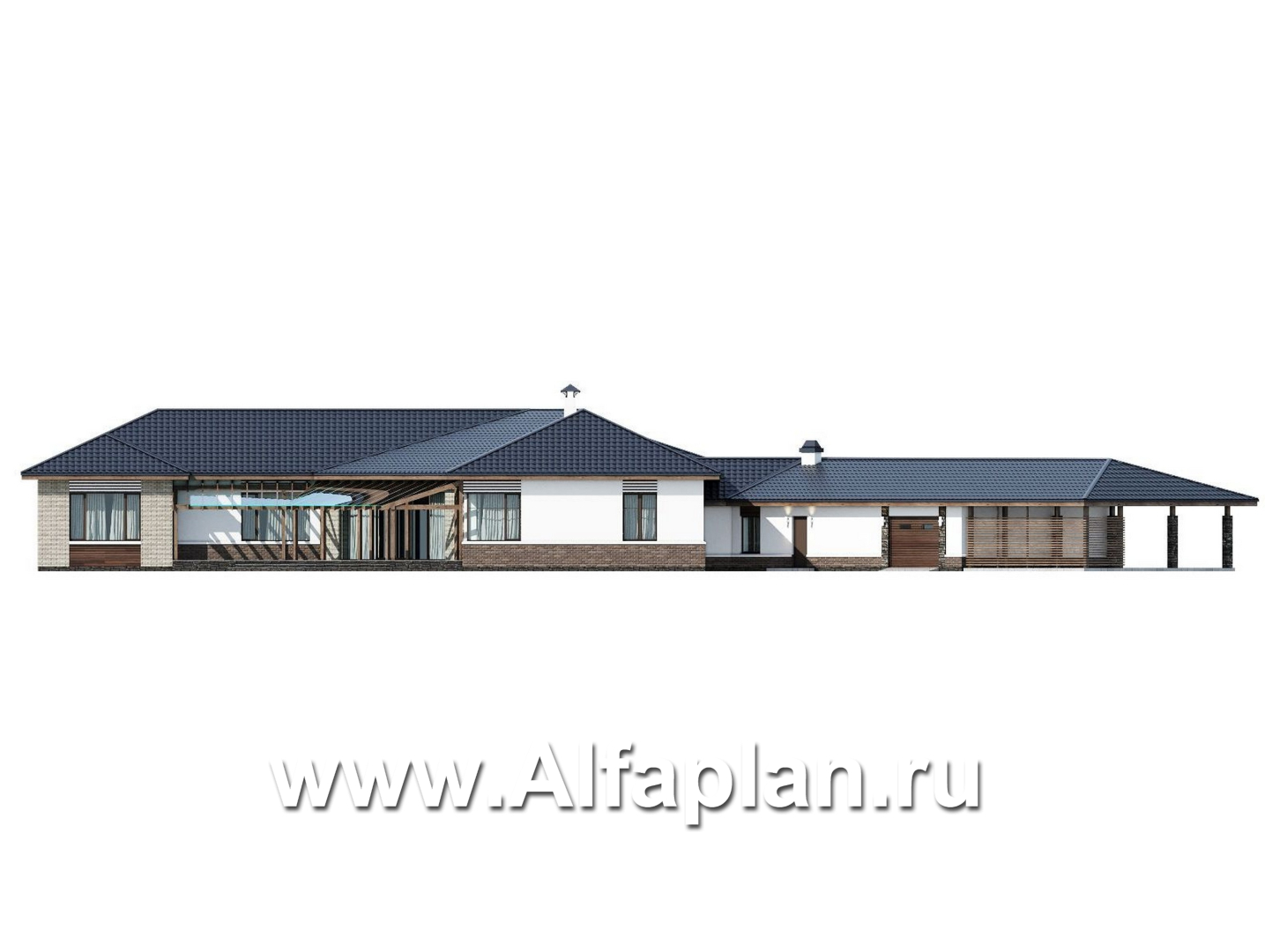 Проекты домов Альфаплан - "Полярная звезда" - роскошный одноэтажный особняк из кирпичей - изображение фасада №4