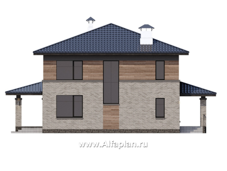 «Триггер роста» - проект двухэтажного дома из блоков, с террасой и вторым светом, в стиле Райта - превью фасада дома