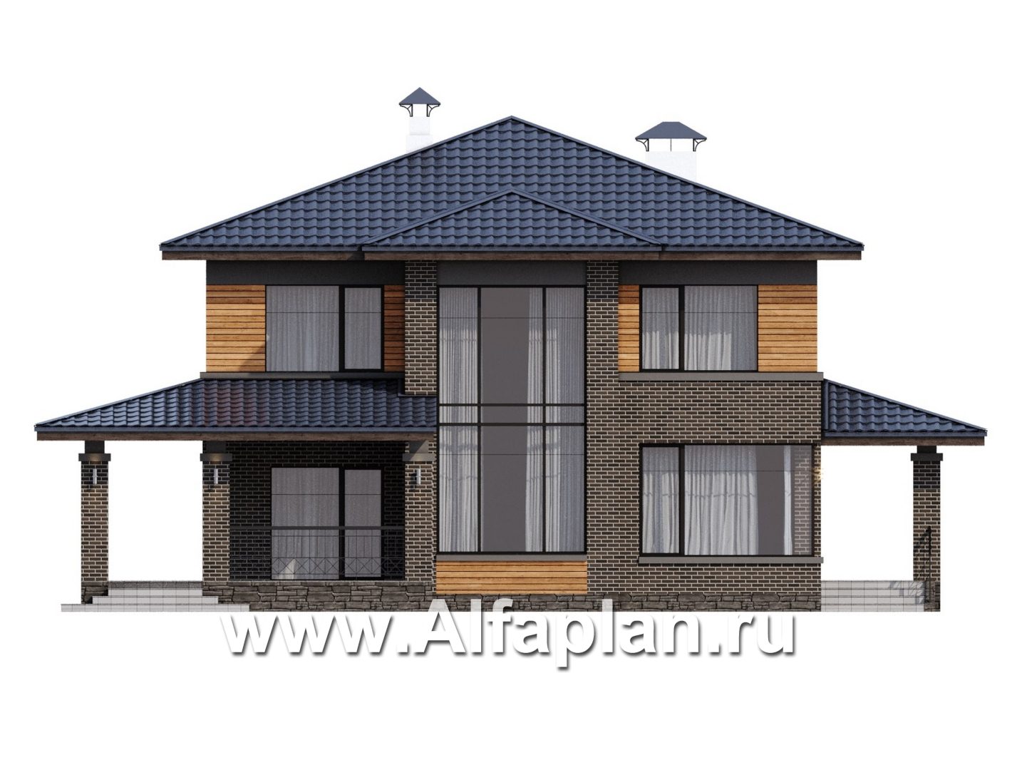 Проекты домов Альфаплан - "Триггер  роста" - двухэтажный дом с открытой планировкой в стиле Райта - изображение фасада №1
