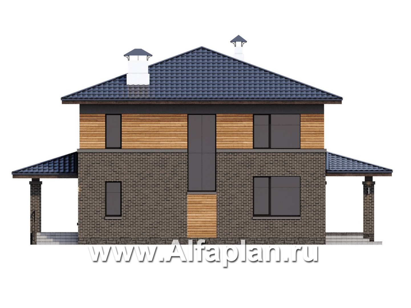 Проекты домов Альфаплан - "Триггер  роста" - двухэтажный дом с открытой планировкой в стиле Райта - изображение фасада №4