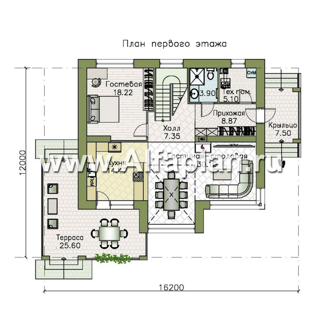Проекты домов Альфаплан - "Триггер  роста" - двухэтажный дом с открытой планировкой в стиле Райта - изображение плана проекта №1