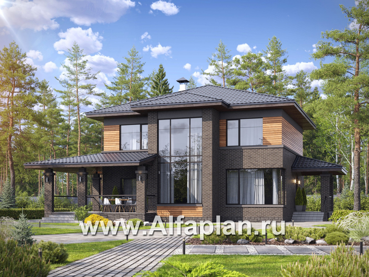 Проекты домов Альфаплан - "Триггер  роста" - двухэтажный дом с открытой планировкой в стиле Райта - основное изображение