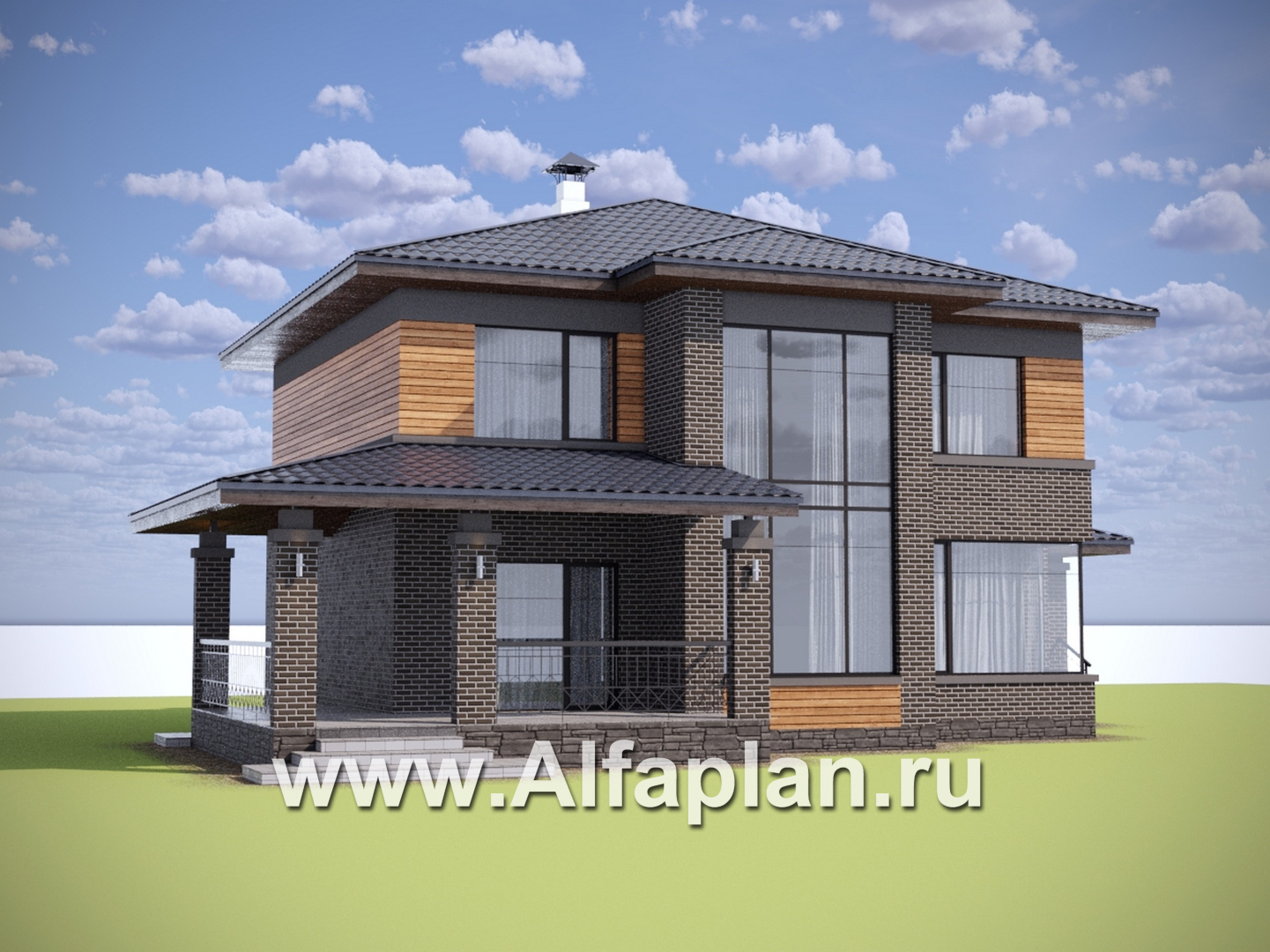 Проекты домов Альфаплан - "Триггер  роста" - двухэтажный дом с открытой планировкой в стиле Райта - дополнительное изображение №1
