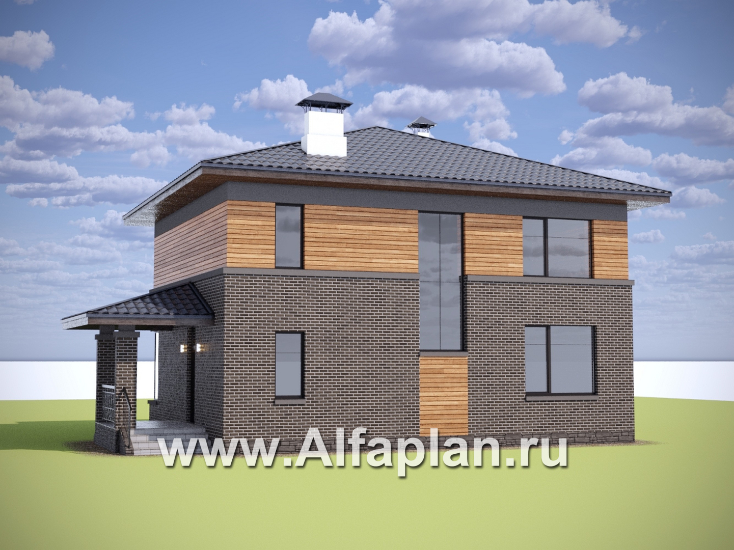 Проекты домов Альфаплан - "Триггер  роста" - двухэтажный дом с открытой планировкой в стиле Райта - дополнительное изображение №2