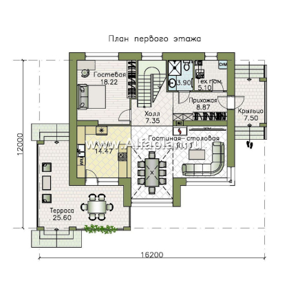 Проекты домов Альфаплан - "Триггер  роста" - двухэтажный дом с открытой планировкой в стиле Райта - превью плана проекта №1