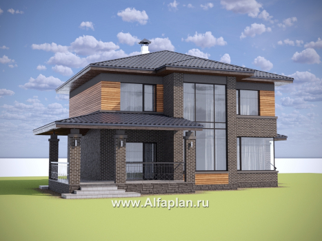 Проекты домов Альфаплан - "Триггер  роста" - двухэтажный дом с открытой планировкой в стиле Райта - превью дополнительного изображения №1