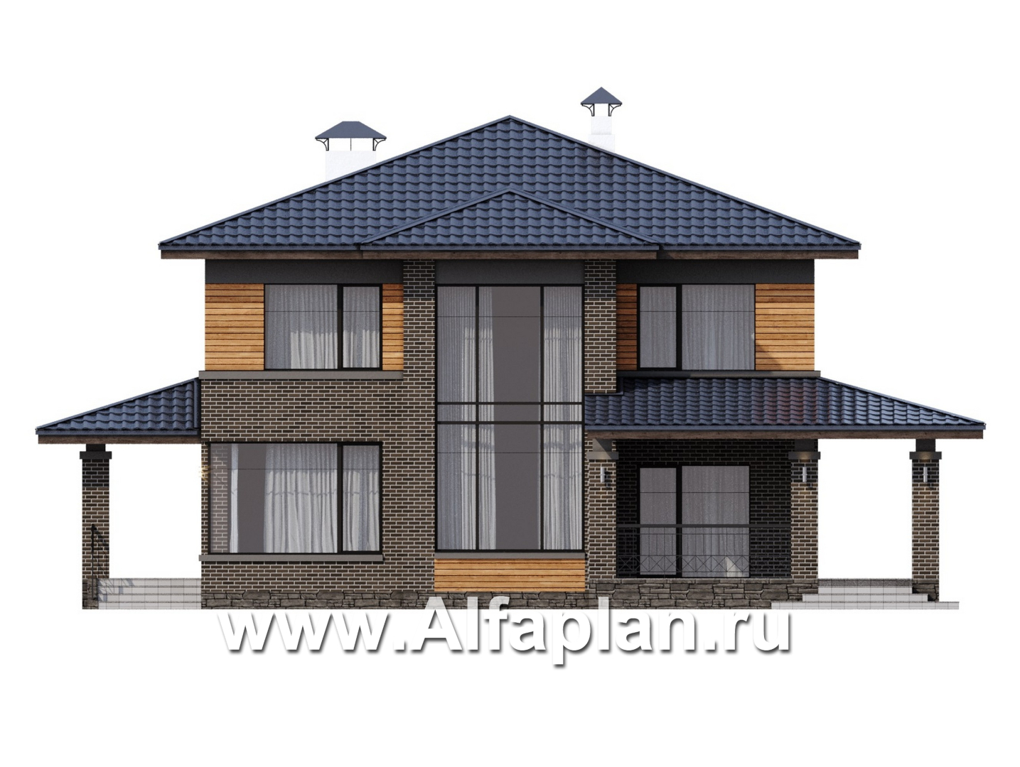 Проекты домов Альфаплан - "Триггер роста" - проект двухэтажного дома из блоков, с террасой и вторым светом, в стиле Райта - изображение фасада №1