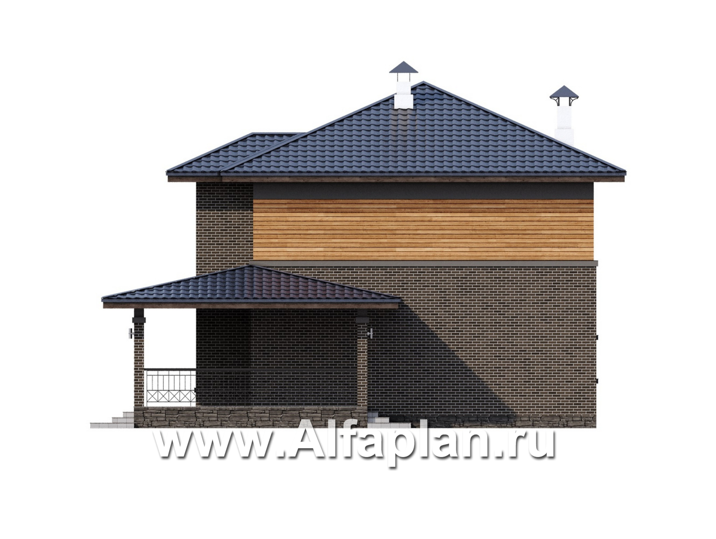 Проекты домов Альфаплан - "Триггер роста" - проект двухэтажного дома из блоков, с террасой и вторым светом, в стиле Райта - изображение фасада №2