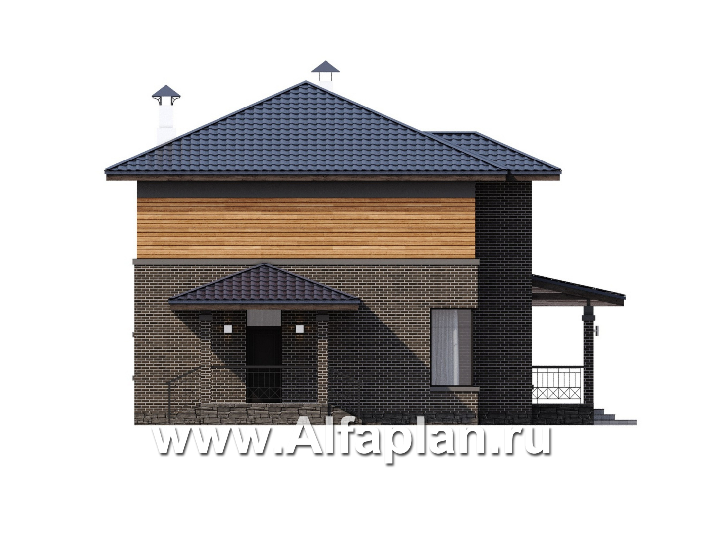 Проекты домов Альфаплан - "Триггер роста" - проект двухэтажного дома из блоков, с террасой и вторым светом, в стиле Райта - изображение фасада №3