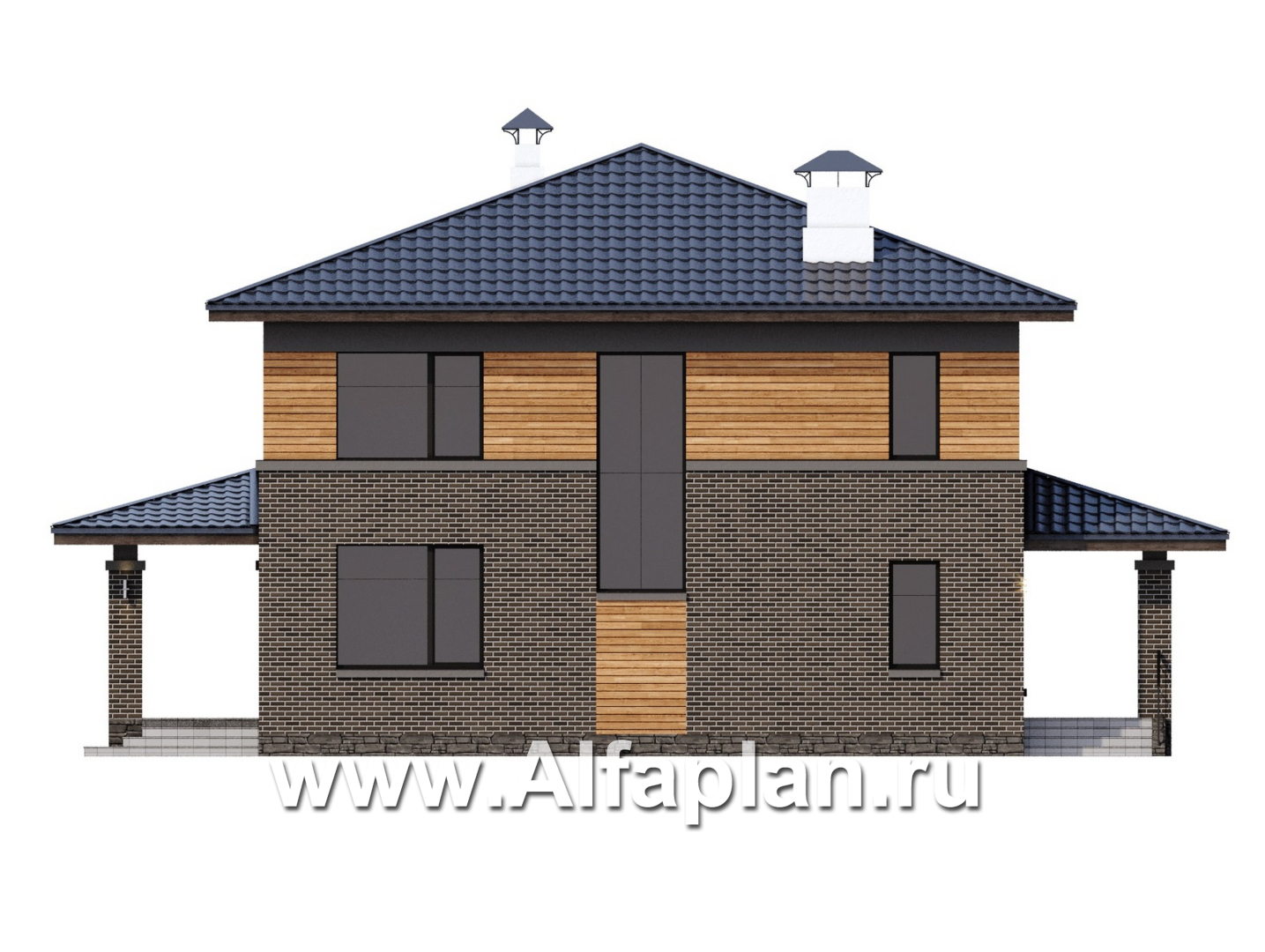 Проекты домов Альфаплан - "Триггер роста" - проект двухэтажного дома из блоков, с террасой и вторым светом, в стиле Райта - изображение фасада №4