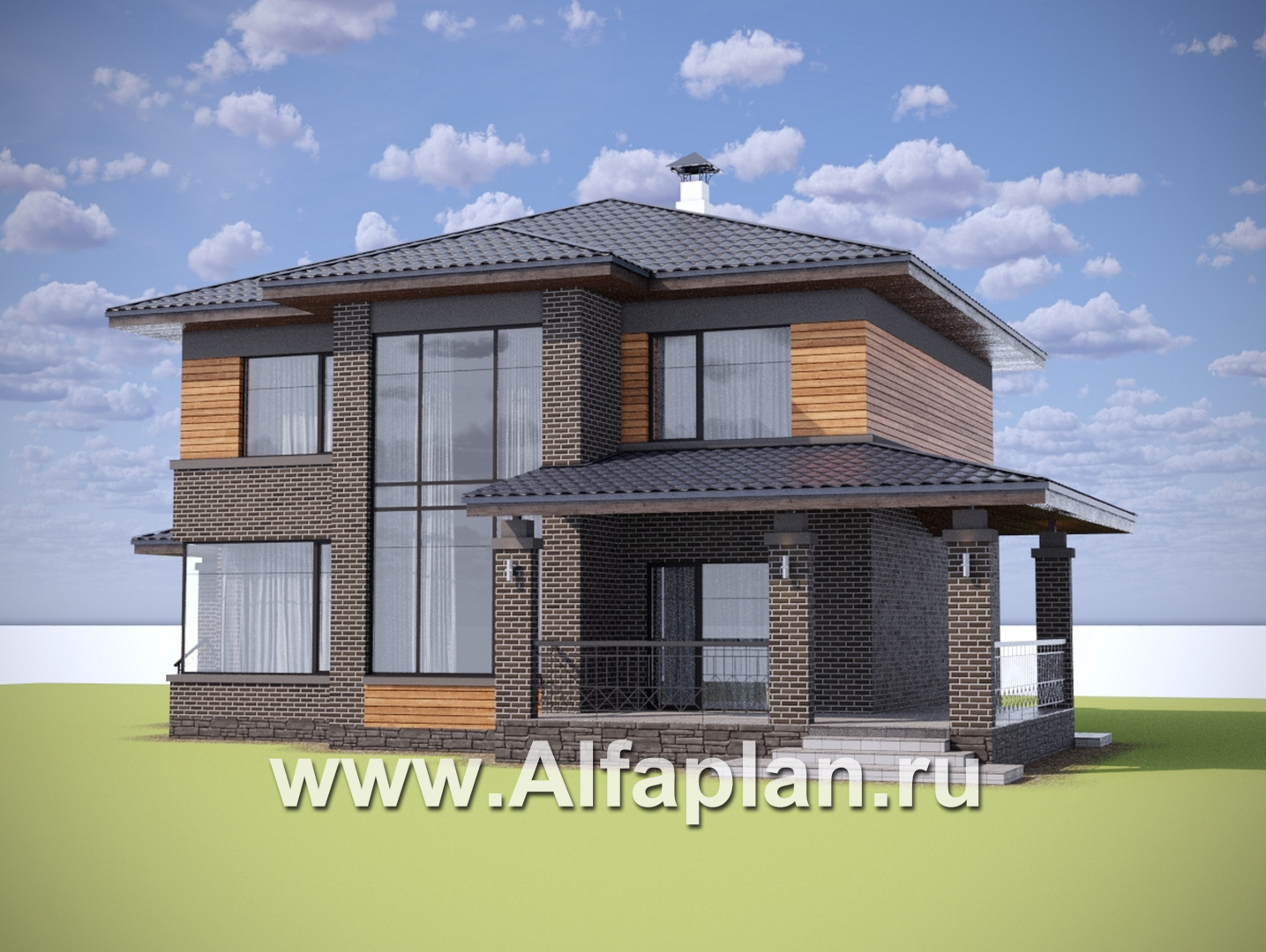 Проекты домов Альфаплан - "Триггер роста" - проект двухэтажного дома из блоков, с террасой и вторым светом, в стиле Райта - дополнительное изображение №1