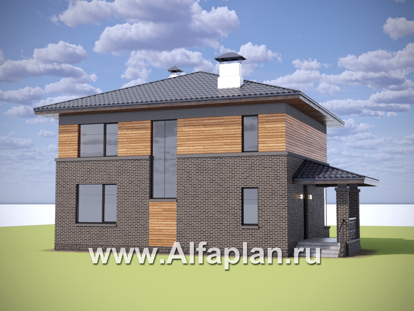 Проекты домов Альфаплан - "Триггер роста" - проект двухэтажного дома из блоков, с террасой и вторым светом, в стиле Райта - дополнительное изображение №2