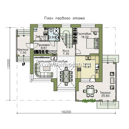 Проекты домов Альфаплан - "Триггер роста" - проект двухэтажного дома из блоков, с террасой и вторым светом, в стиле Райта - превью плана проекта №1