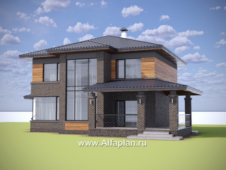 Проекты домов Альфаплан - "Триггер роста" - проект двухэтажного дома из блоков, с террасой и вторым светом, в стиле Райта - превью дополнительного изображения №1