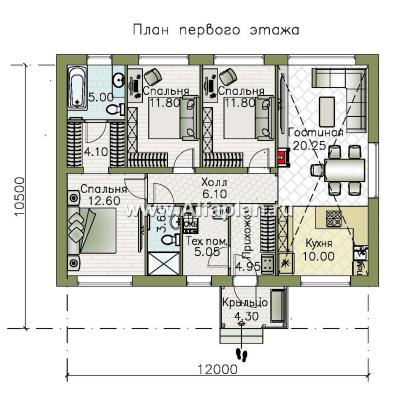 «Пикколо» - проект простого одноэтажного дома, планировка мастрер спальня, 3 спальни - превью план дома