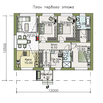 «Пикколо» - проект простого одноэтажного дома, планировка мастрер спальня, 3 спальни - превью план дома