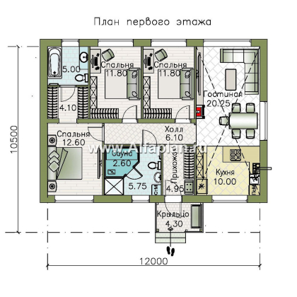 «Пикколо» - проект простого одноэтажного дома, планировка мастер спальня и сауна - превью план дома