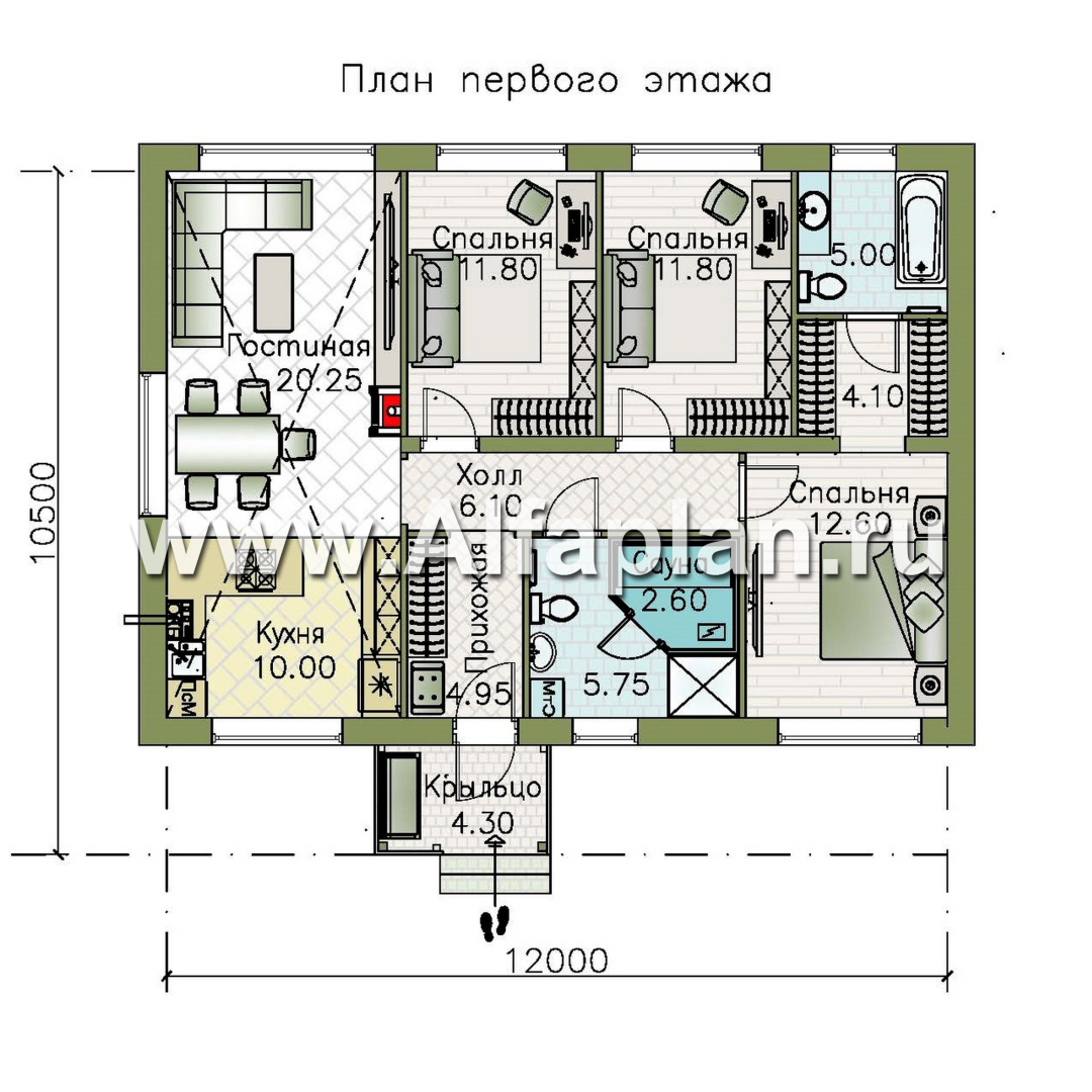 «Пикколо» - проект простого одноэтажного дома, планировка мастер спальня и сауна - план дома
