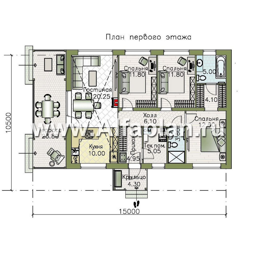 Проекты домов Альфаплан - "Пикколо" - экономичный одноэтажный дом из газобетонных блоков, с террасой - план проекта №1