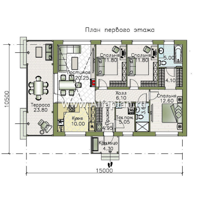 Проекты домов Альфаплан - "Пикколо" - экономичный одноэтажный дом из газобетонных блоков, с террасой - превью плана проекта №1