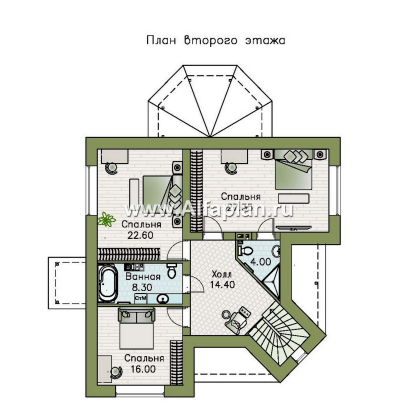 Проекты домов Альфаплан - «Аскольд» - проект двухэтажного дома с террасой, планировка дома по диагонали, в стиле замка с башней, для углового участка - превью плана проекта №2