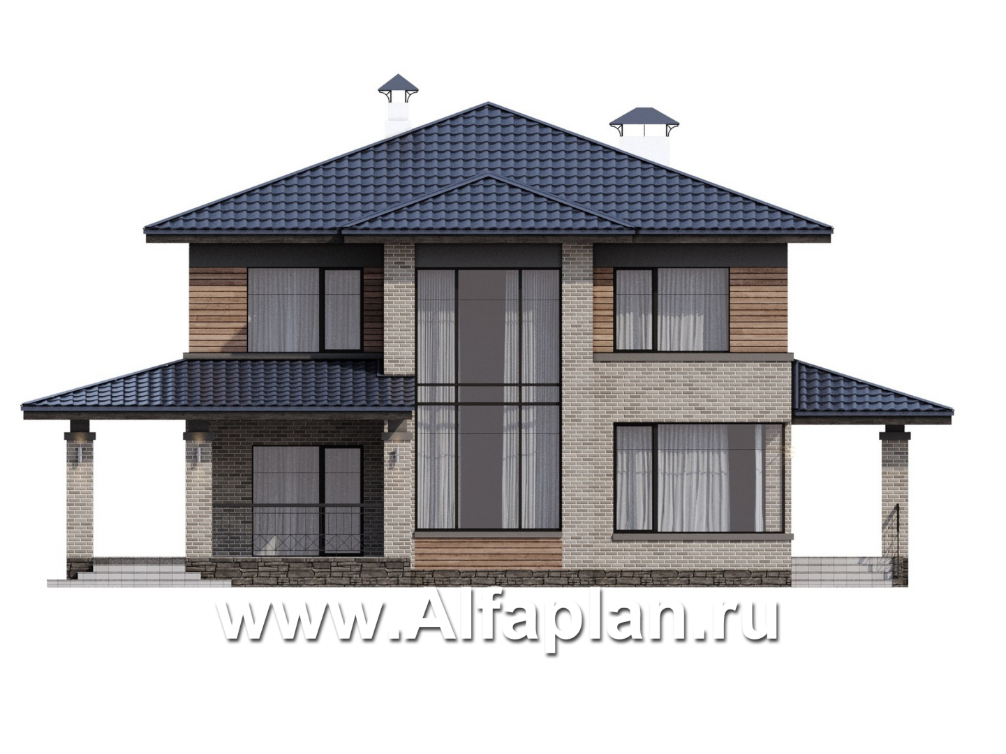 Проекты домов Альфаплан - "Компас" - проект двухэтажного коттеджа, план дома со вторым светом и террасой, в стиле Райта - изображение фасада №1
