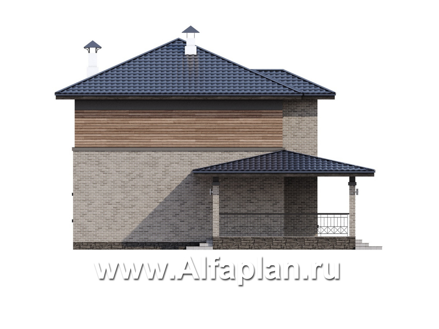 Проекты домов Альфаплан - "Компас" - проект двухэтажного коттеджа, план дома со вторым светом и террасой, в стиле Райта - изображение фасада №3