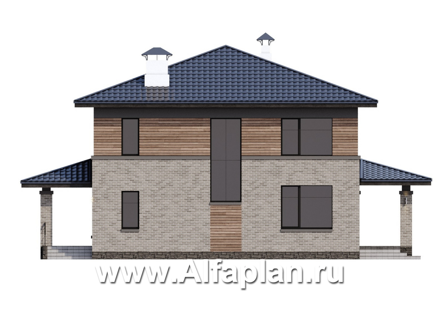 Проекты домов Альфаплан - "Компас" - проект двухэтажного коттеджа, план дома со вторым светом и террасой, в стиле Райта - изображение фасада №4